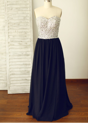 Beaded Strapless Sweetheart Black Chiffon Slit Prom Dress